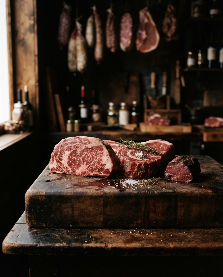 Cortes de carne sobre tábua