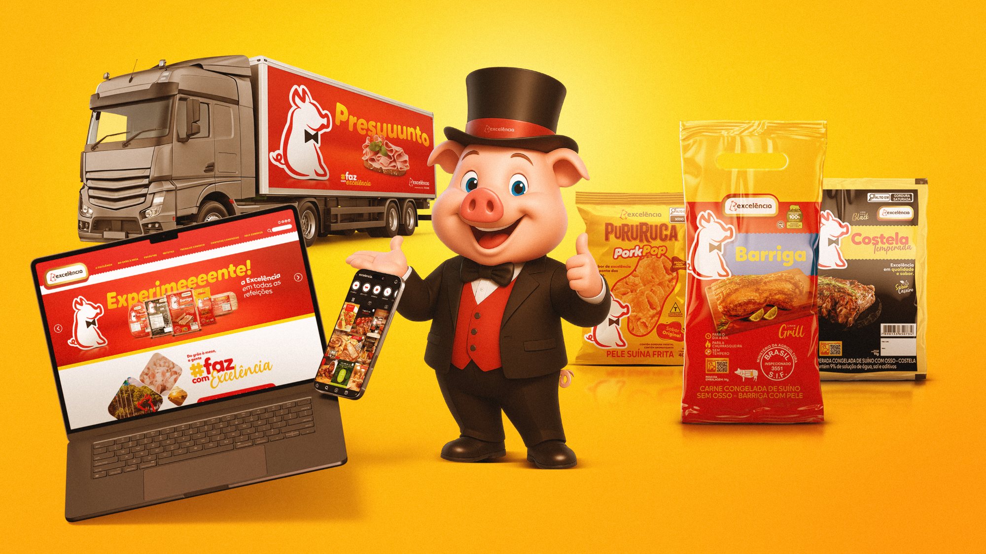Excelência — mascote, embalagens, site e frota